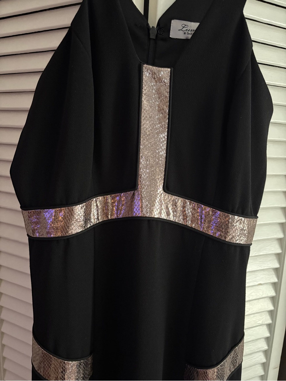 Lumiere Black full length evening Dress with Metallic Rose-Gold Panels